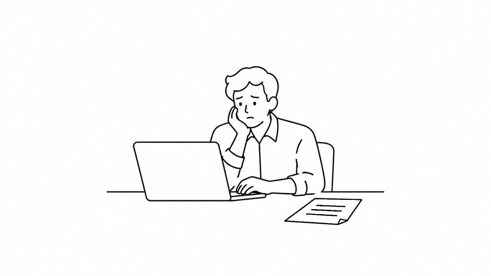 パソコンの前で頬杖をつき、困った顔でサイトの悩みを抱えている担当者の絵